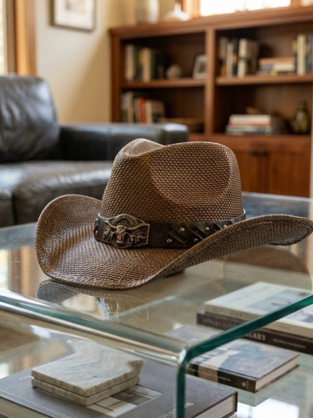 Men - Distressed Straw Western Hat with Shapeable Brim for Cowboys